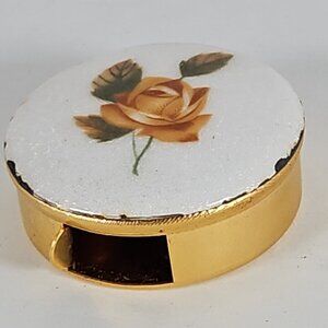 Porcelain Trinket Pill Boxes Gold Tone Case Side Sliding Opening Vintage Rose